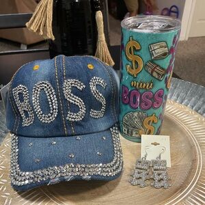 Distressed Denim Cap, tumbler and Earrings Set